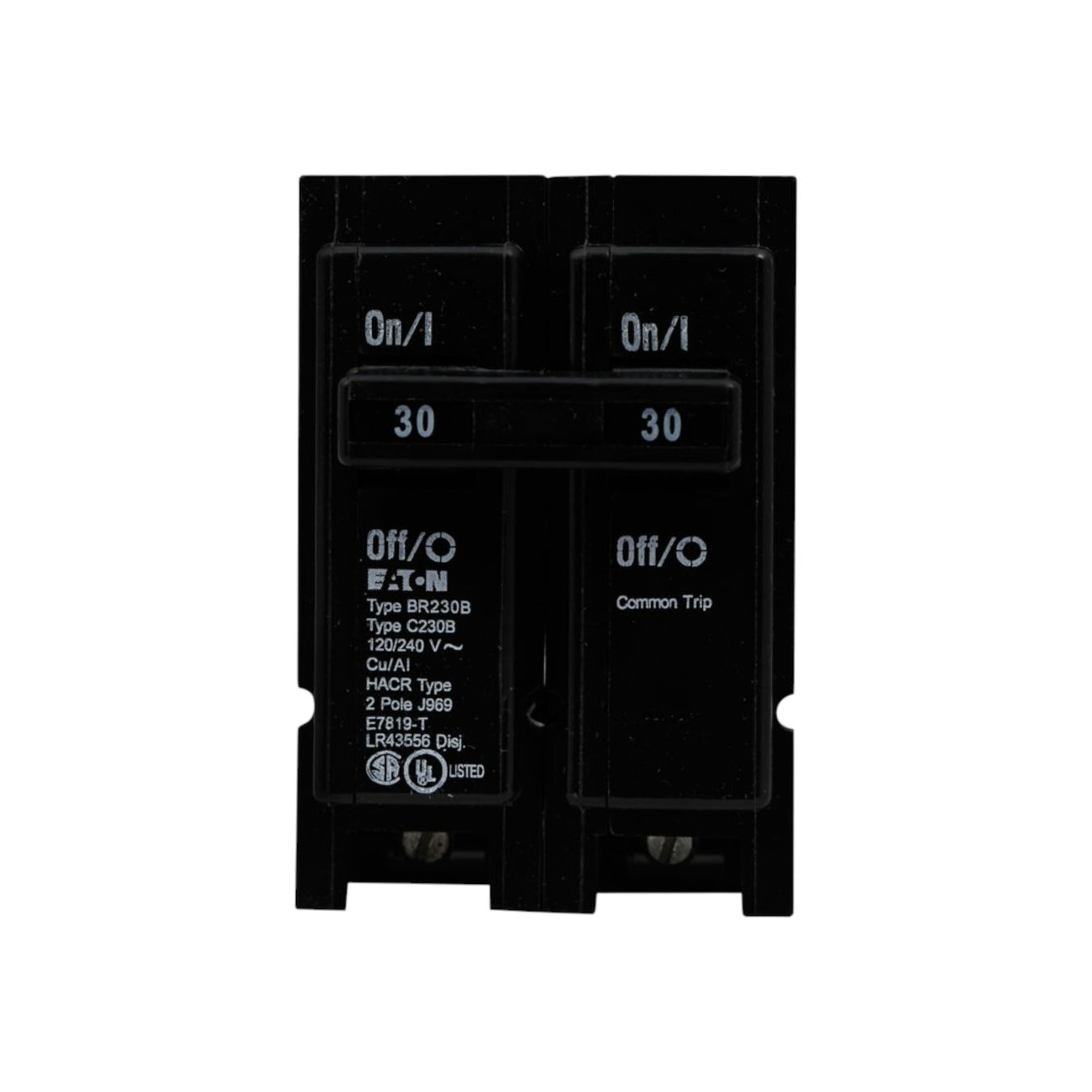 A black Eaton BR circuit breaker features two switches labeled On and Off, both marked with the number 20. The labels indicate Type BR220B and Common Trip, alongside UL certification markings.