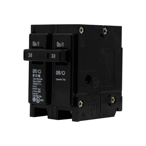 The image shows a close-up of an Eaton Breaker BR220B, featuring a black finish with two switches labeled On/Off and the number 30. It has labels displaying specifications and is designed for installation in an electrical panel to ensure efficient operation and safety in managing electrical systems.