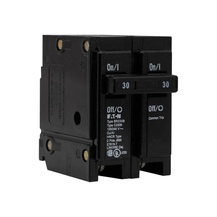 An Eaton Breaker BR220B circuit breaker in black features clearly labeled toggles for On and Off, with specifications prominently displaying the number 30 to indicate its amperage rating.