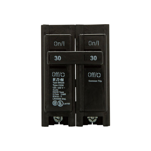 The Eaton Breaker BR230 is a double-pole circuit breaker from the Eaton brand, featuring Thermal Magnetic protection and two switches labeled 30 and On/Off. This molded case circuit breaker is specified for type BR230, operates at 120/240V AC, and includes additional model numbers.