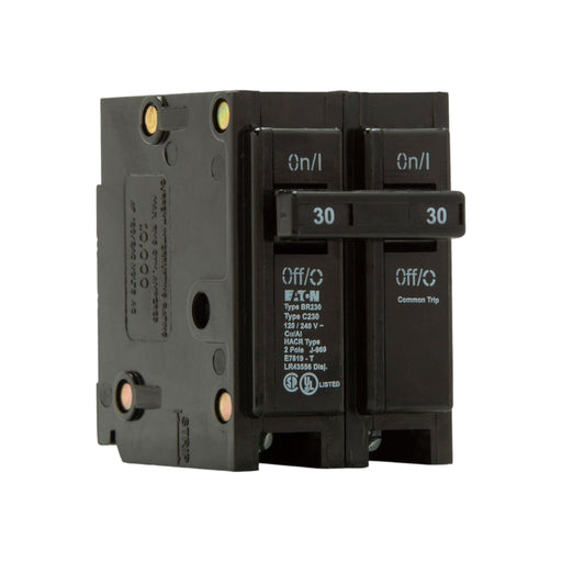 Close-up of the Eaton Breaker BR230 in black, showcasing its two 2-pole switches labeled On and Off, with the number 30. The side displays details such as the model number and specifications, indicating electrical capacity and thermal magnetic protection.