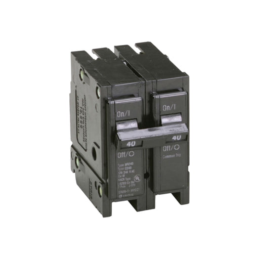 The Solartek Eaton Breaker BR240 is a black double-pole breaker with a molded case, featuring On and Off switches, rated at 40 amps, and designed for easy electrical panel installation.