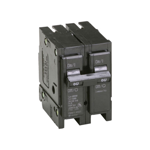 The Eaton Breaker BR260 is a black double-pole circuit breaker featuring two switches labeled On and Off. It has its electrical ratings printed on the side and is designed for use in electrical panels.