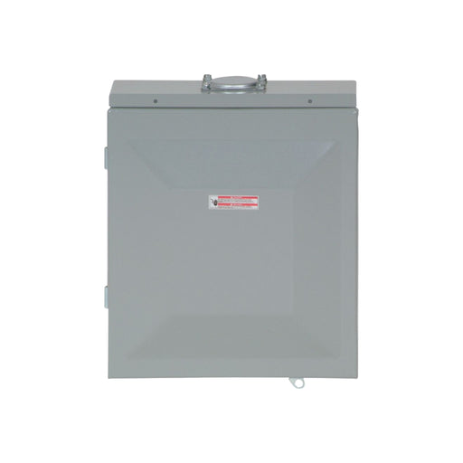 The Eaton BR816L125RP Main Lug Load Center features a rectangular, gray metal enclosure with a hinged lid and metal handle, housing Eaton loadcenters. It includes a red and white label that ensures outdoor equipment protection and seamless integration of branch circuit breakers.