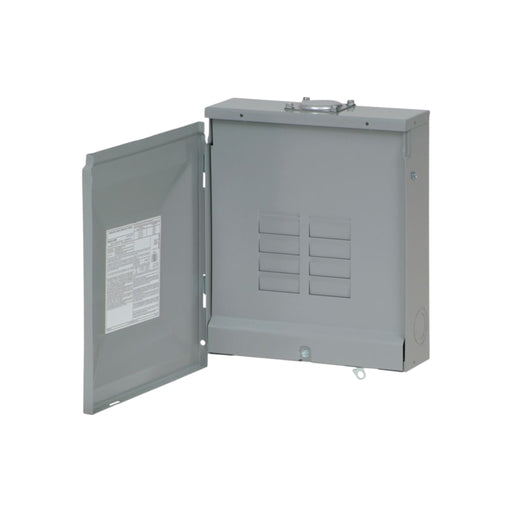 The Eaton BR816L125RP Main Lug Load Center features a hinged door that reveals wiring instructions and multiple slots for circuit breakers. This outdoor-ready, gray metal panel is suitable for both indoor and outdoor installations.