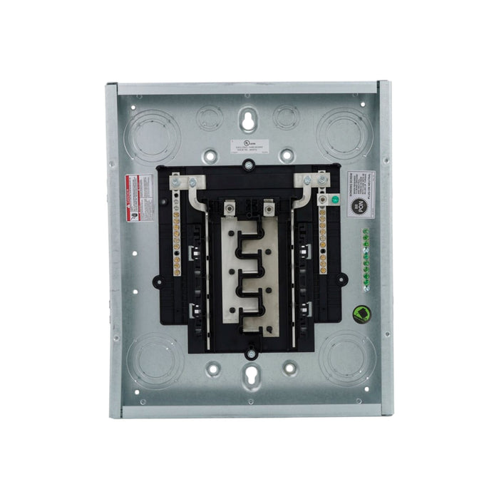 The Eaton BRP12L125R 1-Phase 3-Wire Plug-On Neutral Main Lug Load Center offers a metal electrical breaker panel with an open interior, specifically designed for BR Plug-on Neutral setups. It features 12 spaces for circuit breakers, wiring connectors, and includes type BR breakers. Additionally, the load center comes with mounting holes and safety instruction labels for user convenience.