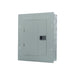 The Eaton BRP12L125R 1-Phase 3-Wire Plug-On Neutral Main Lug Load Center, with its minimalist design, offers compatibility with type BR breakers. This gray rectangular panel includes a small central door that houses one breaker switch. Its plain surface and circular knockouts on the sides make it an ideal choice for modern load centers.