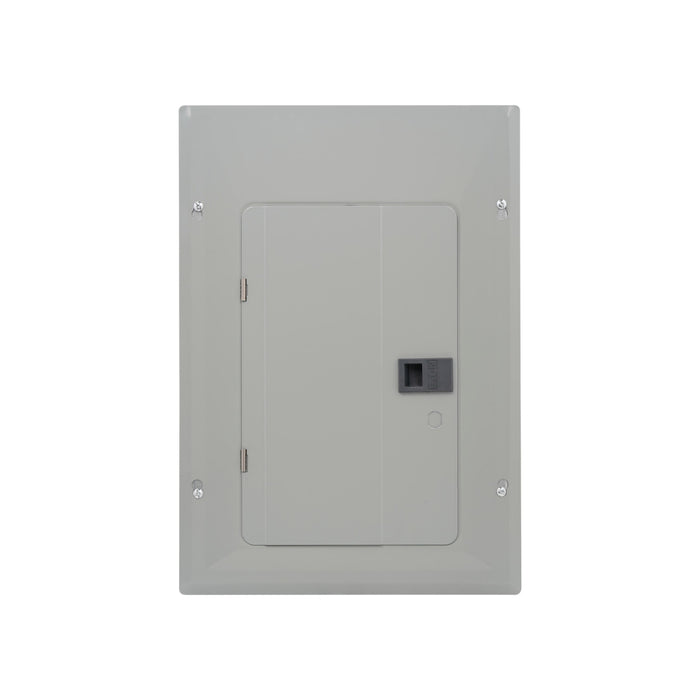 A gray Eaton BRP20L125R 125Amp Load Center, featuring 20 spaces and the BR Plug-on Neutral design, is mounted on a wall with its rectangle-shaped panel door closed. The load center includes a small handle for opening and is securely fastened with four visible screws, one at each corner.