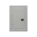 A gray Eaton BRP20L125R 125Amp Load Center, featuring 20 spaces and the BR Plug-on Neutral design, is mounted on a wall with its rectangle-shaped panel door closed. The load center includes a small handle for opening and is securely fastened with four visible screws, one at each corner.