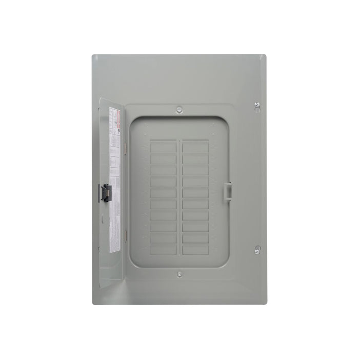 A gray Eaton BRP20L125R 125Amp Load Center with the cutting-edge BR Plug-on Neutral design showcases numerous breaker slots for efficient circuit management, mounted against a pristine white background.