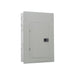 The image showcases the Eaton BRP20L125R 125Amp Load Center, designed in gray with a rectangular door. It features the convenience of BR Plug-on Neutral technology and includes a black latch along with circular knockouts on its side for wiring access. Mounted on a white background, it is an efficient choice for electrical breaker panels.