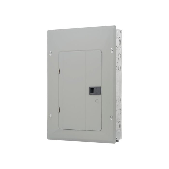 The image displays a closed electrical breaker panel from Eaton, the BRP20L125R 125Amp Load Center with 20 spaces. It includes a rectangular metal cover with one visible switch and is mounted vertically. The sleek gray surface is securely fastened by four screws.