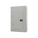 The image displays a closed electrical breaker panel from Eaton, the BRP20L125R 125Amp Load Center with 20 spaces. It includes a rectangular metal cover with one visible switch and is mounted vertically. The sleek gray surface is securely fastened by four screws.