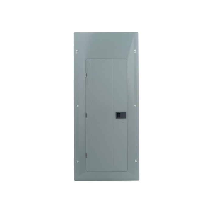 The Eaton BRP30B200R 200 Amp Load Center 30 Spaces, produced by Eaton, is designed with a gray electrical panel box featuring a rectangular door and a central small handle. It is mounted vertically against a white background and supports BR Plug-on Neutral branch circuit breakers for efficient power distribution.