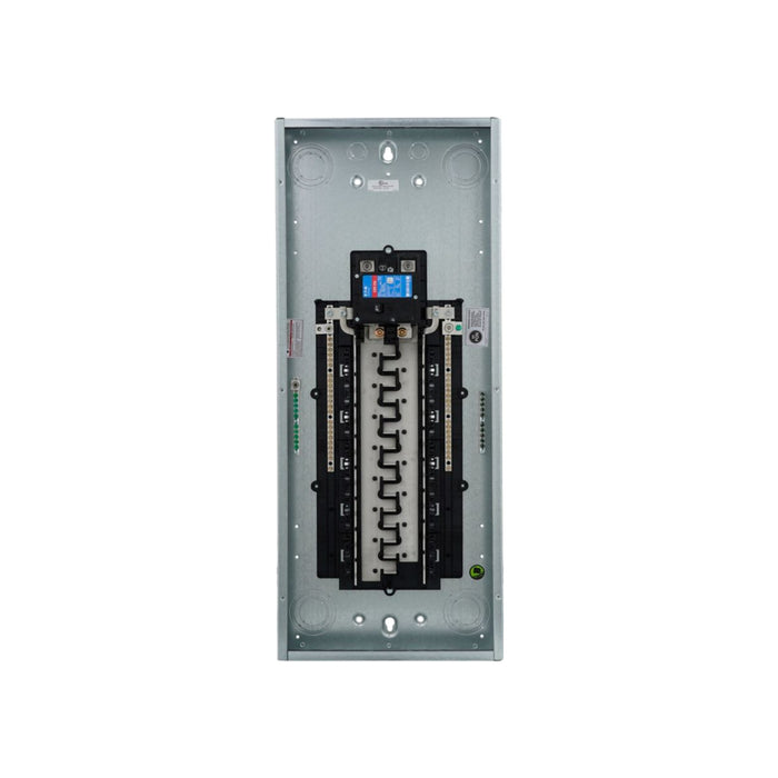 The Eaton BRP30B200R 200Amp Load Center with 30 spaces is displayed, specifically designed for branch circuit breakers. The panel, made of metal in a rectangular shape, is vertically oriented and includes a sleek blue and black switch at the top for easy BR Plug-on Neutral connections.