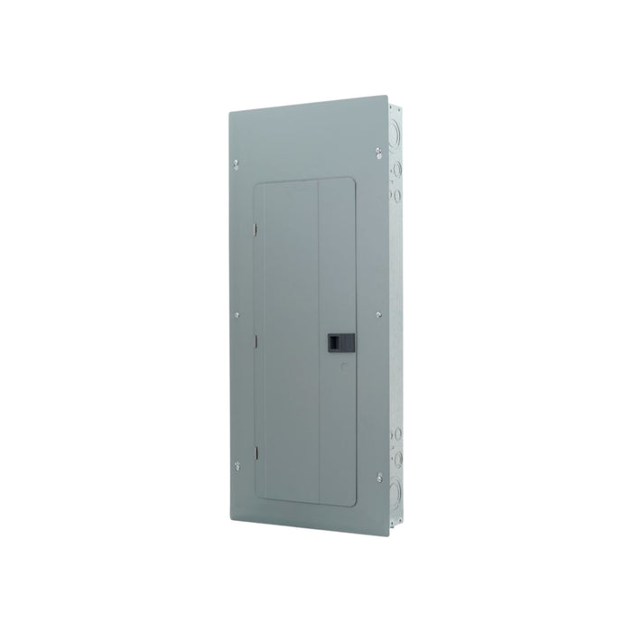 An Eaton BRP30B200R 200Amp Load Center, featuring a gray rectangular door with an embedded black handle, is displayed against a plain white background. The panel, angled slightly to the right, accentuates its metallic surface and box-like design, perfect for housing branch circuit breakers in load centers.