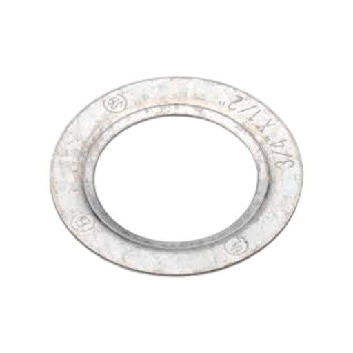 The Solartek Bridgeport 1 to 3/4 galvanized steel reducing washer, with a shiny circular form and 3/4 x 1 1/2 etching, is ideal for enclosures and fits snugly into knockout holes with its central opening.