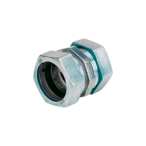 Image of a Bridgeport 262RT 1 EMT Compression Coupling with hexagonal nuts and a circular opening. This shiny-finished connector is ideal for securely joining EMT conduits.