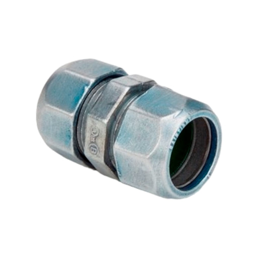 The Solartek Bridgeport 3/4 Raintight Compression Coupling EMT/EMT features a hexagonal nut design, die-cast zinc construction, and a smooth cylindrical body to securely join EMT conduits. It has a durable, shiny metallic finish for added style.