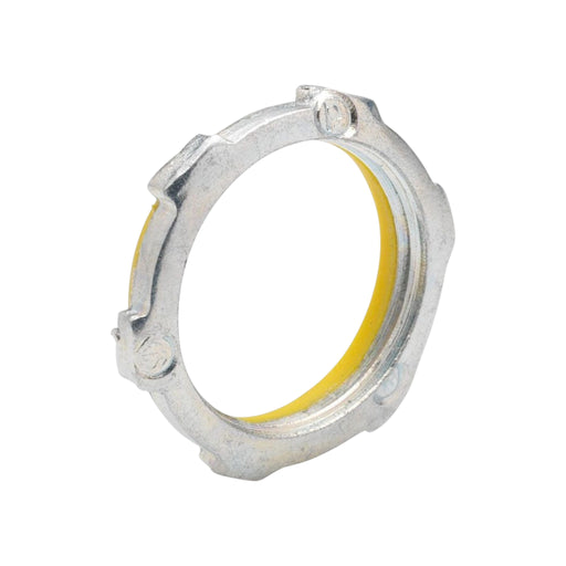 The Bridgeport 142 3/4" Sealing Locknut is showcased from an angle against a white background, featuring a yellow interior gasket and a raintight seal for enhanced durability.