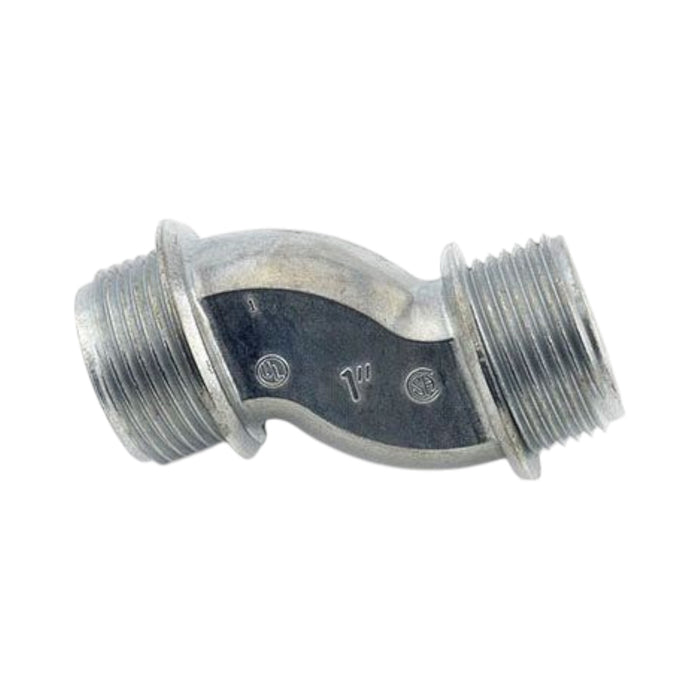 The Bridgeport 1522DC 1 Offset Nipple, made of die cast zinc with NPSM threads and dual threaded ends, is ideal for connecting pipes or tubes at angles in electrical conduit setups where precise alignment is essential.