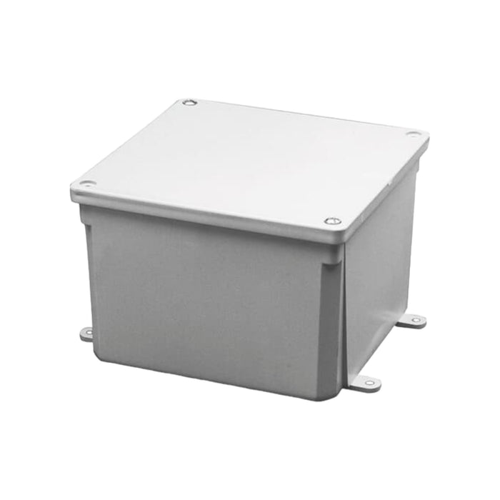 The Solartek Cantex 4x4x4 PVC Junction Box is a gray, square plastic junction box with a screw-on lid and rounded corners. It features small mounting flanges for installation, making it ideal for electrical devices in marine applications.