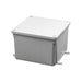 The Cantex 5133709 J Box 4x4x4 is a robust, grey, rectangular junction box tailored for marine applications. It features a flat lid and four screw mounts at each corner, showcased against a plain white background to emphasize its durable construction, making it ideal for housing electrical devices in challenging environments.