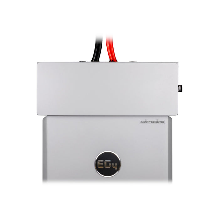 The image shows a sleek, gray EG4 PowerPro Conduit Box by BigBattery. Red and black cables are prominently visible at the top, while the front features a round logo along with the text CURRENT CONNECTED, suggesting its versatile connectivity options similar to an electronic device.