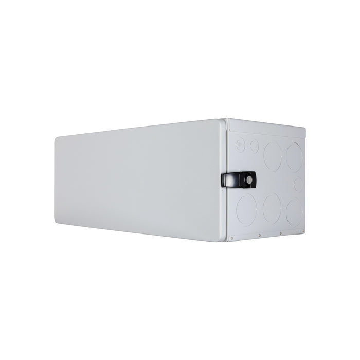 This image showcases a rectangular gray metal box with a black handle, featuring circular indentations. Designed for storage or utility, it resembles the EG4 PowerPro Conduit Box by BigBattery. The sleek design stands out against the plain white background.