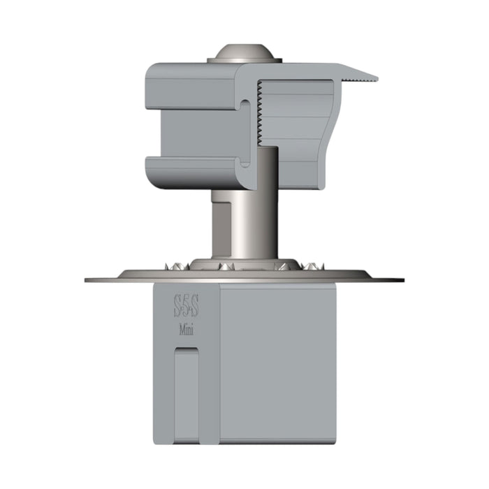 A 3D rendering of a mechanical component shows a central cylindrical shaft with a clamp-like structure at the top and a flat base, perfect for mounting solar panels on metal roofs. "S-5! PV Kit 2.0 EdgeGrab" is engraved on its lower section, enhancing its metallic and industrial design.