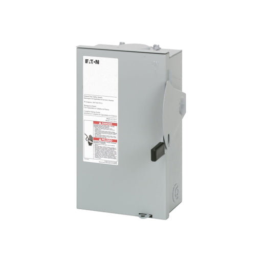 The Solartek Eaton 30 Amp Non-Fused Switch is a gray, 1-phase electrical safety device with a right-side visible handle and front-labeled instructions. It features a rectangular NEMA 3R enclosure for industrial or commercial use and operates at 240 volts.