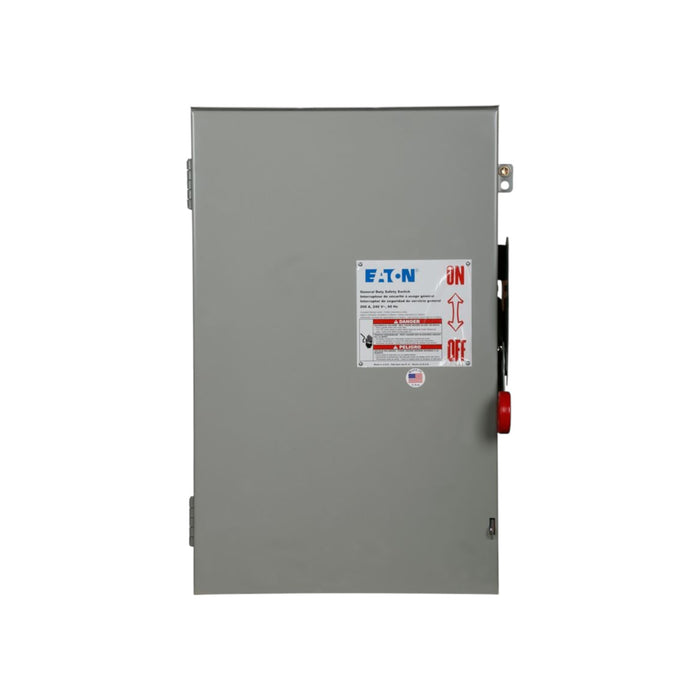 The Solartek Eaton DG224NRK 200AMP Disconnect Switch features a gray electrical panel with a red switch on the right, a lockable latch, and an instruction sticker, making it ideal for outdoor use.