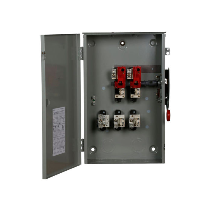 An open silver electrical fuse box houses an Eaton DG224NRK 200AMP Disconnect Switch (Fusible) with red and black fuses inside. The cover on the left features a wiring diagram, making it suitable for NEMA 3R environments.