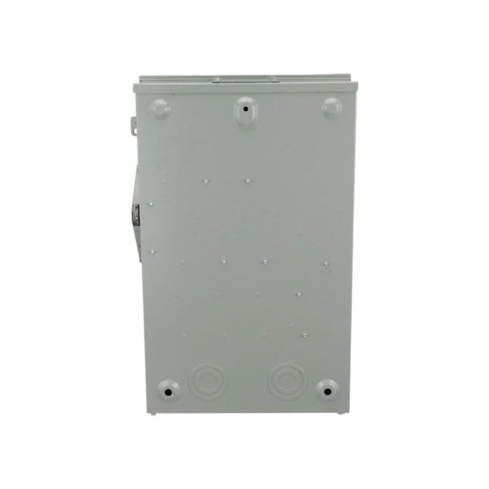 A rectangular gray metal electrical box with a smooth front surface includes several circular indentations at the bottom and a side latch on the left. Designed for wall mounting, this Eaton NEMA 3R enclosure is perfect for outdoor applications, accommodating the DG224NRK 200AMP Fusible Disconnect Switch.