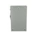 A rectangular gray metal electrical box with a smooth front surface includes several circular indentations at the bottom and a side latch on the left. Designed for wall mounting, this Eaton NEMA 3R enclosure is perfect for outdoor applications, accommodating the DG224NRK 200AMP Fusible Disconnect Switch.