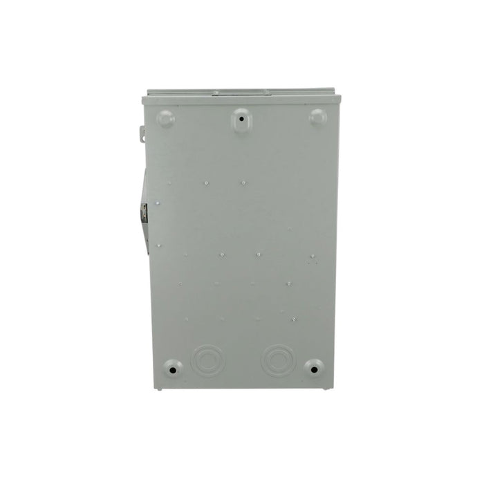 The Eaton DG224URK Safety Switch is a gray metal electrical enclosure, intended for outdoor use, with a rectangular front shape. Its surface includes small circular indentations and two larger circles at the bottom and it features a non-fusible safety switch with a handle on the left side. This product, rated at 200A and 2P for 240V, complies with NEMA 3R standards.