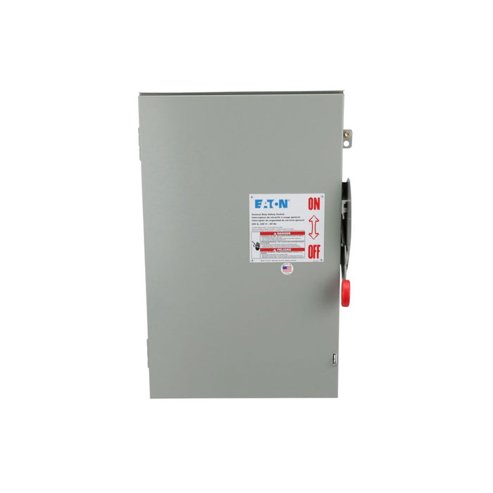 The Eaton 200AMP Non Fused Disconnect is a grey outdoor electrical switch box with a red ON/OFF lever on the right. It features blue and red labeled text and logos for safety.