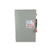 The Eaton DG224URK Safety Switch is a gray, non-fusible box with a red handle on the right side, clearly marked ON and OFF. Rated for 200A and 240V with 2 poles, it is designed for outdoor use (NEMA 3R) and features a central label with text and logos.