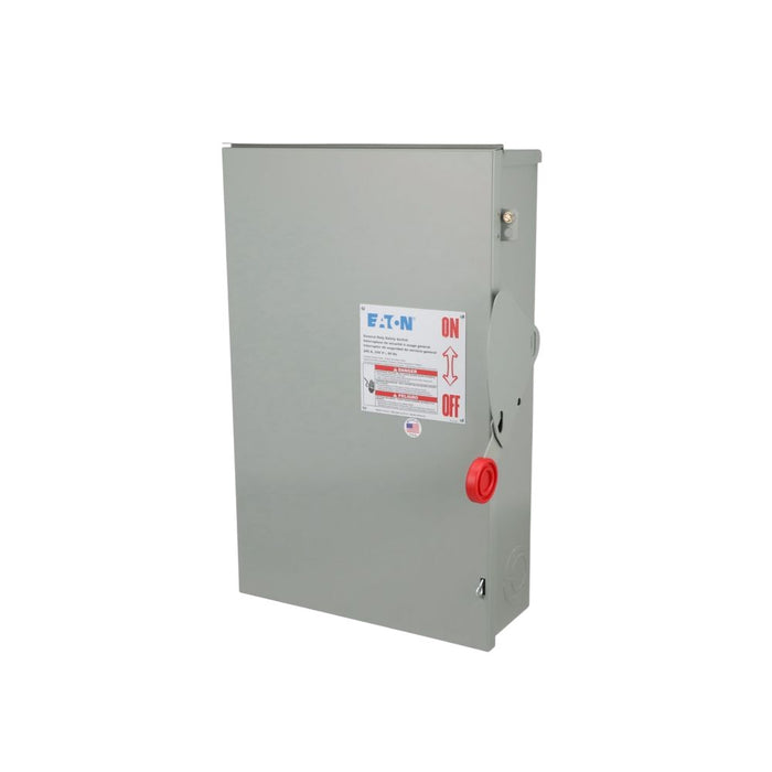 A gray Eaton DG224URK Safety Switch, ideal for outdoor conditions with its sealed exterior and slightly angled rectangular shape. This 200A, 2P, 240V industrial electrical box features a prominent red lever on the side labeled ON and OFF, making it a reliable non-fusible safety switch.