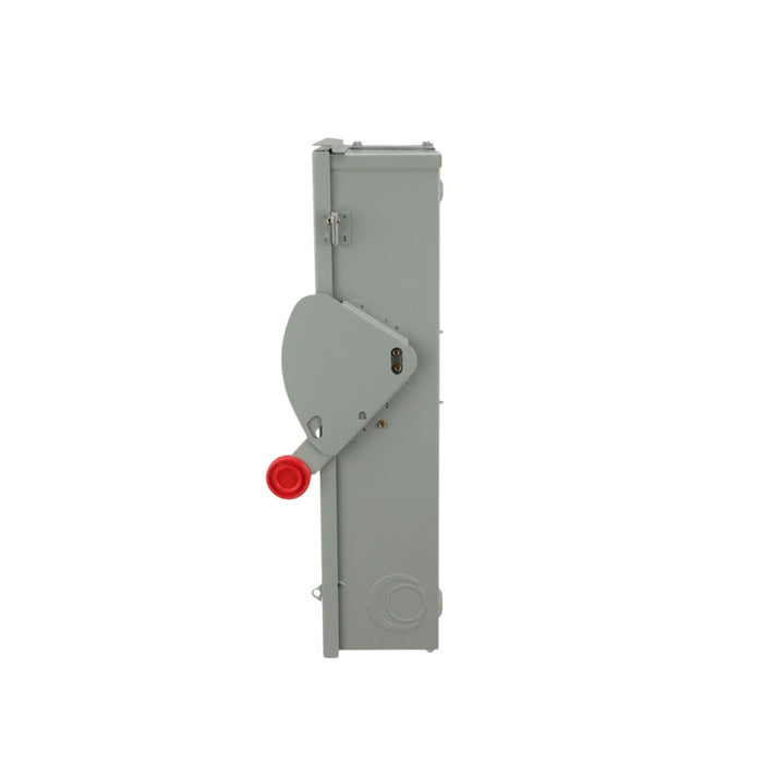 The Eaton DG224URK Safety Switch, a gray metal electrical panel with a striking red circular handle on the side, is designed for outdoor environments. This vertical non-fusible safety switch, set against a plain white background, ensures dependable performance and improves operational safety in various settings.