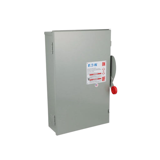 The Eaton 200AMP Non Fused Disconnect is a gray outdoor electrical switch with a right-side handle labeled ON and OFF in red. It is housed in a metal enclosure with an inspection sticker above the handle, ensuring reliable operation and safety.