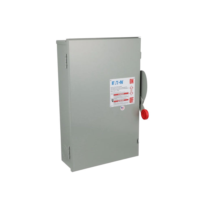 An Eaton DG224URK Safety Switch, featuring a non-fusible design, is crafted for outdoor use with a gray exterior. The switch box is equipped with a large, red handle on the right side labeled ON and OFF. It prominently displays the brand name and labels on its plain front against a white background, making it an essential 200A, 2P, 240V safety switch enclosed in NEMA 3R housing.