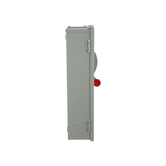 Side view of a gray Eaton DG224NRK 200AMP Disconnect Switch (Fusible), NEMA 3R compliant, featuring a red handle. The box has a simple design with a hinged door and circular patterns near the bottom, with the handle located on the right side.