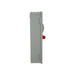 Side view of a gray metal Eaton DG224NRK 200AMP Disconnect Switch (Fusible) with hinges and a red handle, from Solartek. Designed for outdoor use, this vertically oriented unit stands out against a white background.