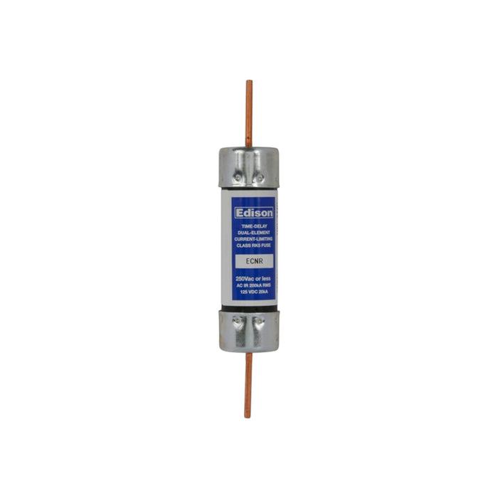 The Edison ECNR100 100 Amp Fuse from Eaton is a cylindrical time-delay fuse with metal caps on both ends and a blue label in the center. It includes copper wires extending from each end, providing current-limiting capabilities and short-circuit protection, with its voltage and current ratings specified on the label. The background is plain white.