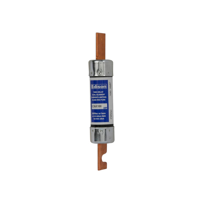 A cylindrical Eaton ECNR100 100 Amp industrial time-delay fuse, featuring copper components on both ends for short-circuit protection and a central blue label with technical specifications and ratings, is displayed on a white background.