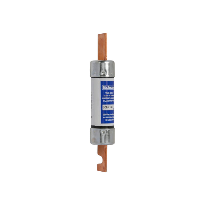 The Eaton Edison ECNR100 100 Amp Fuse is a cylindrical, time-delay fuse with metal caps and copper connectors at both ends. It features a blue and white label with specifications and is designed for short-circuit protection, isolated on a white background.