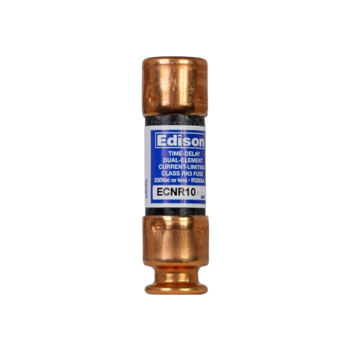 The Edison 10 AMP Fuse by Eaton is a cylindrical time-delay fuse featuring copper ends and a blue label. It is a dual-element, current-limiting fuse that provides dependable protection against overloads and short circuits, with a rating of up to 250 VAC.