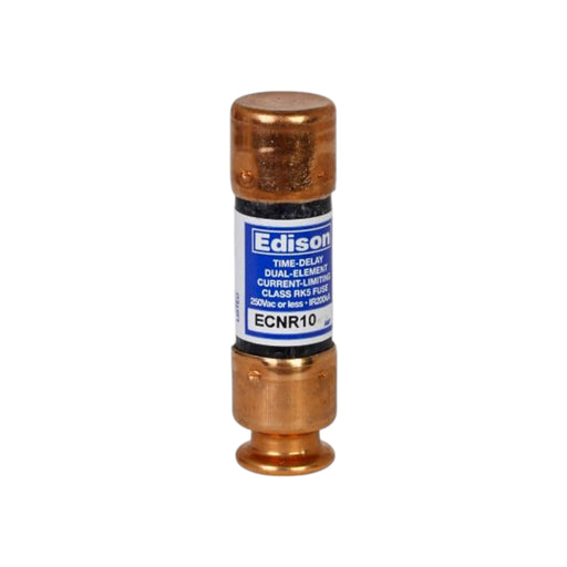 An Eaton Edison 10 AMP time-delay fuse with a cylindrical shape and a copper finish is displayed. The label reads Dual-Element, Current-Limiting, Class RKS Fuse, suitable for 250V or less, offering overload and short-circuit protection.