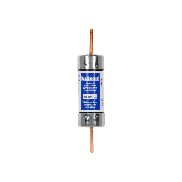 The Eaton Edison ECNR125 125 AMP Fuse is a cylindrical electrical fuse with metal caps and a blue label displaying its specifications of 250V and 125A. It is designed for time-delay, as well as overload and short-circuit protection, featuring copper terminals at both ends to ensure reliable performance.